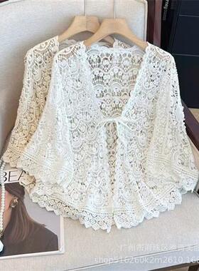新中式钩花镂空领绑带设计针织衫女法式时尚宽松外搭披肩上衣潮