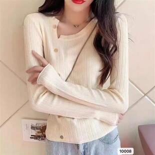 秋季新款圆领单排扣套头毛衣女紧身打底衫长袖内搭针织衫上衣