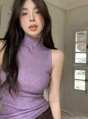 黑色半高领设计感无袖T恤女夏季新款韩版气质修身别致无袖上衣ins