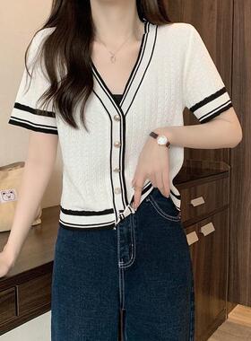 冰丝正肩短袖女夏季法式V领开衫撞色条纹别致短款薄款小外套上衣