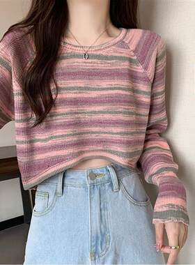 复古彩色条纹圆领长袖针织衫女春装韩版甜美百搭短款套头上衣