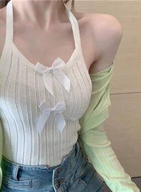 蝴蝶结吊带女夏外穿设计感挂脖短款针织背心辣妹性感美背无袖上衣