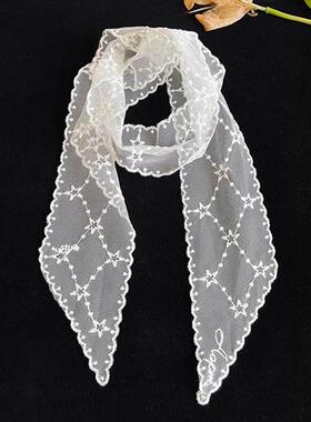 温柔仙气刺绣蕾丝花朵长条项圈颈带小众设计窄围巾飘带项链