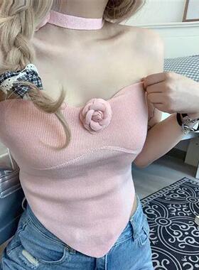 黑色花朵抹胸背心女夏季辣妹修身显瘦性感不规则内搭短款上衣外穿