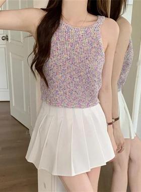 彩虹条纹针织衫吊带背心夏季短款设计感辣妹上衣性感气质无袖外穿