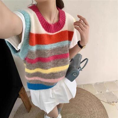 甜美多巴胺彩虹条纹圆领针织马甲春秋韩系慵懒坎肩叠穿毛衣背心女