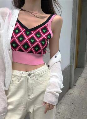 粉红色格子爱心吊带女春夏新款性感短款背心女外穿韩版打底衫潮