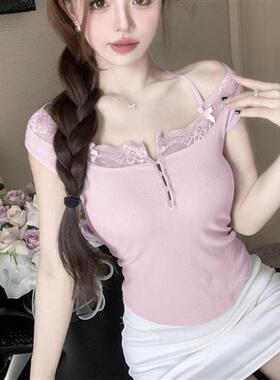 蕾丝拼接针织吊带背心女修身内搭辣妹蝴蝶结短款蓝色外穿上衣性感