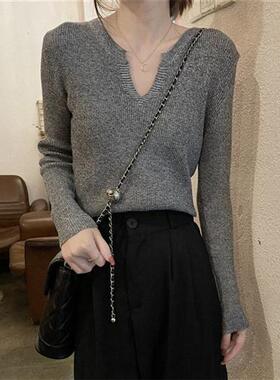 新款长袖针织衫秋冬修身打底韩系设计灰色半开领短款辣妹上衣毛衣
