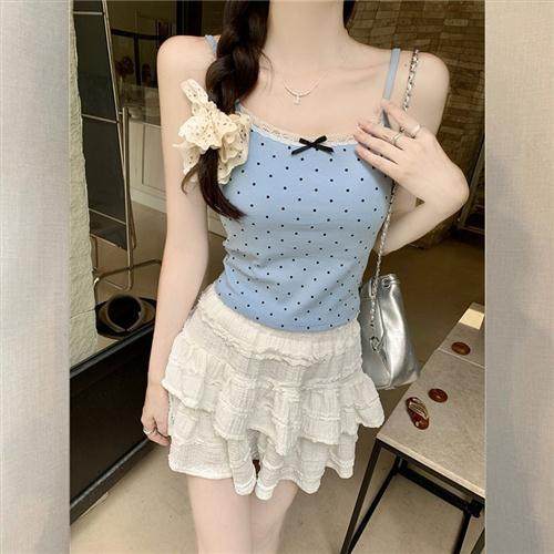 夏季韩版蕾丝花边吊带背心女外穿设计感小众无袖打底短款波点上衣