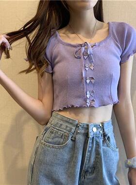 短款露脐T恤女2024年夏季新款小众短袖辣妹紫色打底上衣系带针织