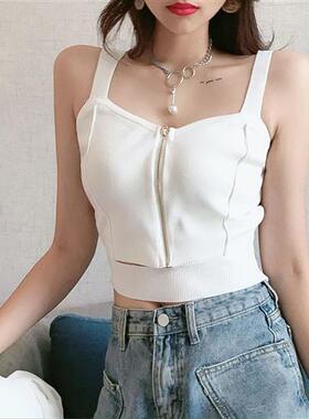 针织衫短款黑色收腰修身显瘦小吊带复古辣妹拉链开叉无袖打底背心