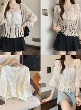 法式高级感镂空钩花领开衫女冬季独特漂亮小众设计感别致上衣潮