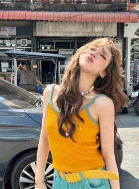 纯欲风韩版女夏季修身无袖短款吊带背心上衣高腰多巴胺上衣