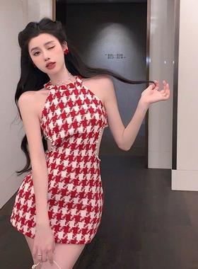 设计感小众水钻红色千鸟格挂脖连衣裙女夏季新款法式无袖短款裙子