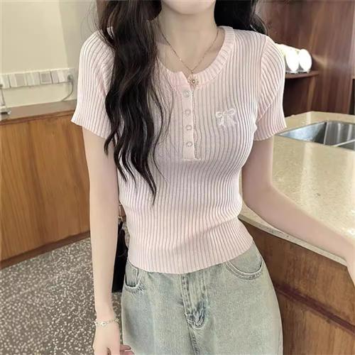 青春简约蝴蝶结刺绣针织衫女夏季Chic修身显瘦百搭短袖上衣新款