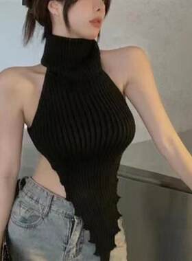 跨境三角不规则背心纯欲性感高领针织露背早春女针织无袖上衣