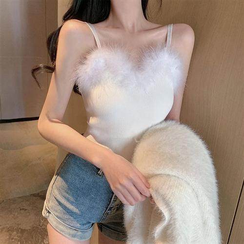 超仙温柔毛毛针织吊带背心2024短款性感新款拼接无袖打底修身上衣