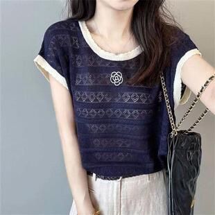 新款撞色镂空花边小飞袖上衣针织衫薄款短袖女夏