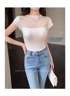 白色短袖修身显身材御姐设计感上衣短款性感网纱蕾丝拼接微透T恤
