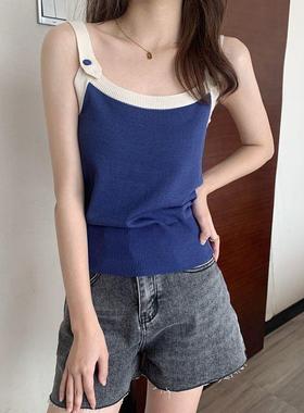 红色吊带女夏季外穿新款韩版时尚设计小背心撞色显瘦无袖针织上衣