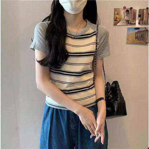 美式复古撞色条纹插肩短袖T恤女夏设计感甜辣妹修身短款针织上衣