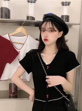 夏季新款V领短袖白色显瘦T恤短款针织衫修身小清新矮个子短款上衣