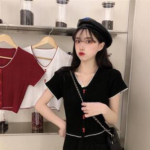 夏季新款V领短袖白色显瘦T恤短款针织衫修身小清新矮个子短款上衣