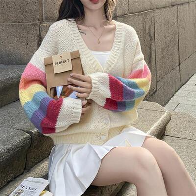 甜美少女风彩虹条纹领针织开衫女韩系秋冬温柔时尚洋气毛衣外套