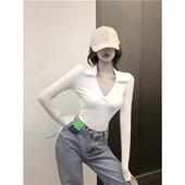 打底衫 辣妹风性感紧身连裆长袖 弹力上衣 领低胸连体衣女春季 美式