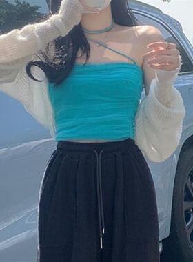 蓝色吊带女夏季新款性感网纱拼接挂脖小背心辣妹外穿抹胸无袖上衣