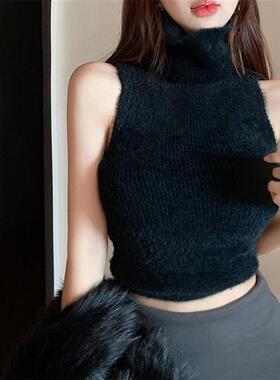高领无袖针织背心女秋季黑色辣妹短款毛衣修身显瘦长袖打底衫上衣