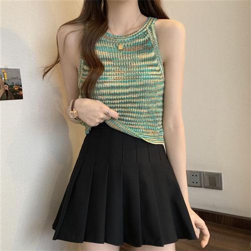 彩色挂脖圆领外穿针织背心女夏季新款内搭露肩吊带无袖打底衫上衣