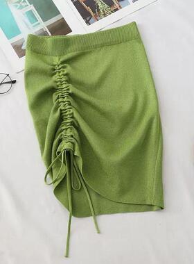 小高腰侧抽绳包臀裙绿色短裙女洋气夏季新款紧身显瘦A字半身裙子
