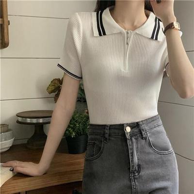 冰丝针织短袖T恤女士夏季2024年新款气质修身显瘦polo领打底上衣