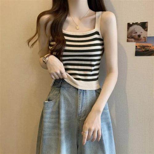 条纹针织吊带背心女外穿修身短款无袖内搭打底辣妹抹胸上衣辣妹