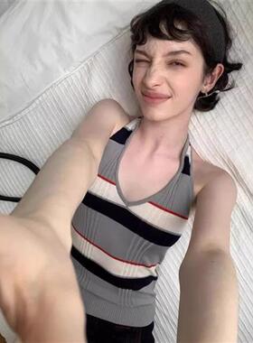 美式复古挂脖条纹针织背心女夏季辣妹修身显瘦无袖内搭吊带