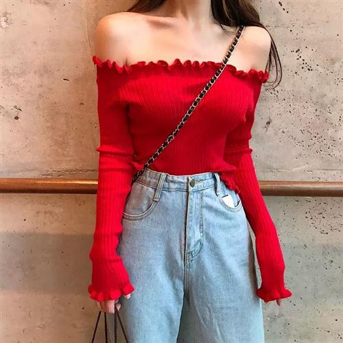 气质甜美木耳边修身针织衫2024夏季新款露肩一字领性感小心机上衣