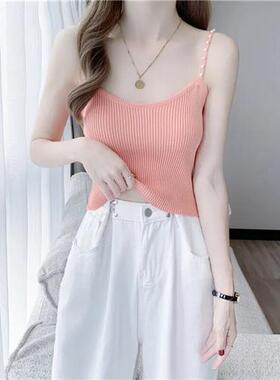 小吊带背心女夏季外穿针织打底衫小个子显瘦短款绿色无袖上衣百搭