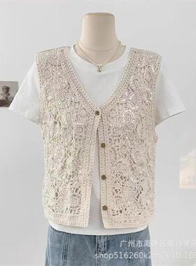 民族风重工亮片镂空勾花领背心马甲女春夏新款时尚外搭无袖上衣