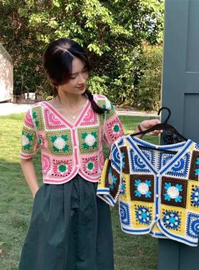 春夏新款镂空钩花领短袖薄款针织衫女甜美修身显瘦防晒短款上衣