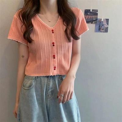 V领上衣设计感小众修身别致气质冰丝针织衫低领短袖t恤女夏ins潮