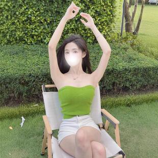 短款 新款 外穿收腰性感上衣 简约流行小众抹胸打底无袖 绿色针织秋季