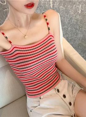 夏季新款chic彩虹条纹小心机无袖上衣内搭短款露脐吊带小背心女装