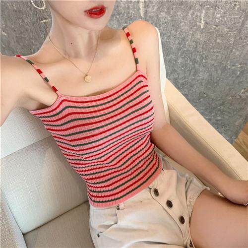 夏季新款chic彩虹条纹小心机无袖上衣内搭短款露脐吊带小背心女装