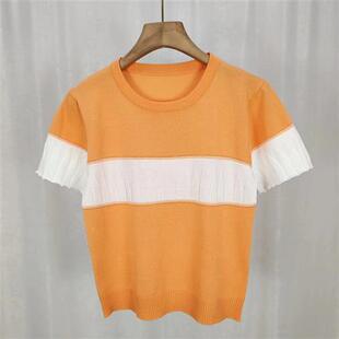 女短袖 韩系条纹拼色百搭显瘦圆领套头冰丝针织衫 体恤上衣 新款 夏季