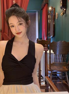 复古黑色法式v领挂脖小吊带上衣夏季打底内搭辣妹短款背心女外穿