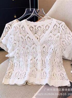 韩系风宽松洋气软糯镂空精致钩花领显瘦外搭蕾丝针织开衫上衣女