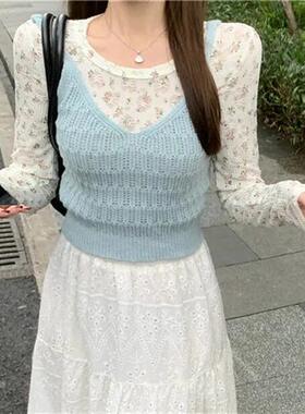 2024夏季时尚气质温柔风蓝色针织衫吊带女小个子镂空纯欲外穿上衣
