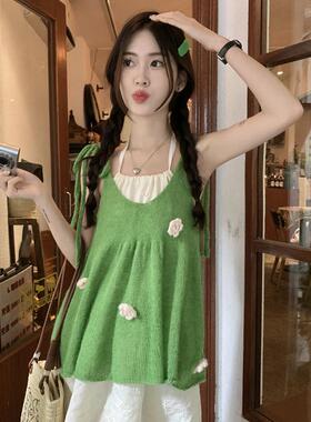 小清新立体花朵绿色针织吊带背心女夏季新款多巴胺甜美无袖上衣潮